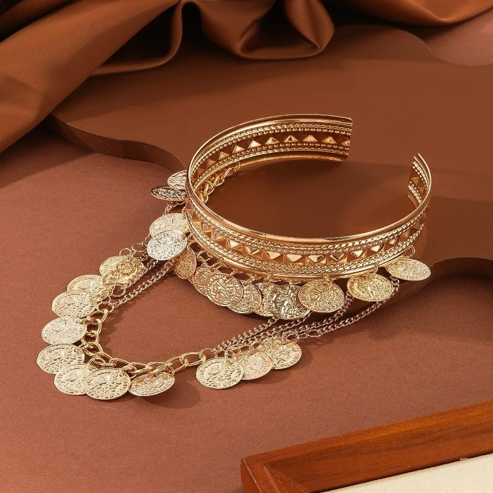 Boho Gold Tassel Arm Cuff Bangle – Adjustable Coin Leaf Armlet Arm Cuff Bangle PLUSH