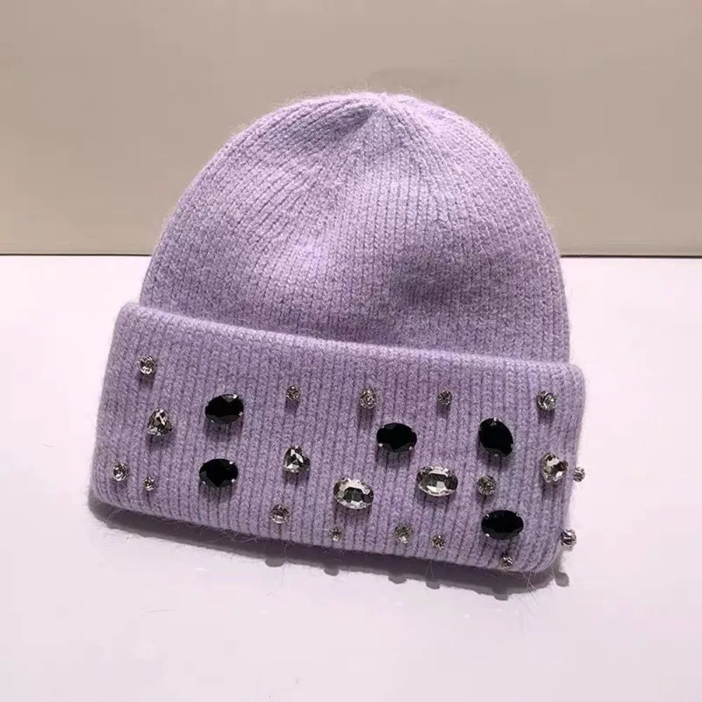 Women's Rhinestone Knit Beanie – Warm Winter Hat Knit Beanie Hat PLUSH Purple