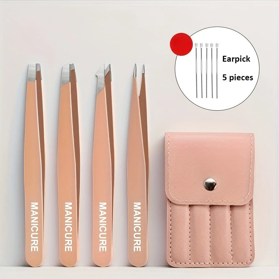 Ouriner 4pc Stainless Steel Tweezers – Eyelash & Brow Kit Beauty Tweezers Kit PLUSH Pink 9 Pcs Set