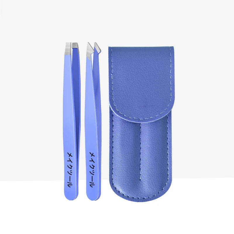 Professional Stainless Steel Tweezers Set with Case – 3pcs Tweezers Set PLUSH Blue Flat Hooked