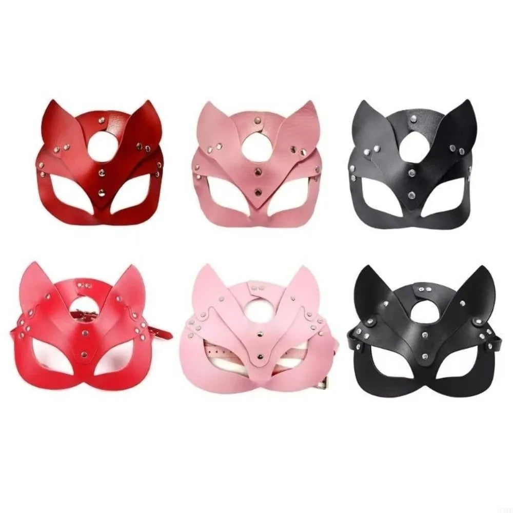 Punk PU Leather Half Face Mask | Animal Ears Masquerade Mask Costume Face Mask PLUSH