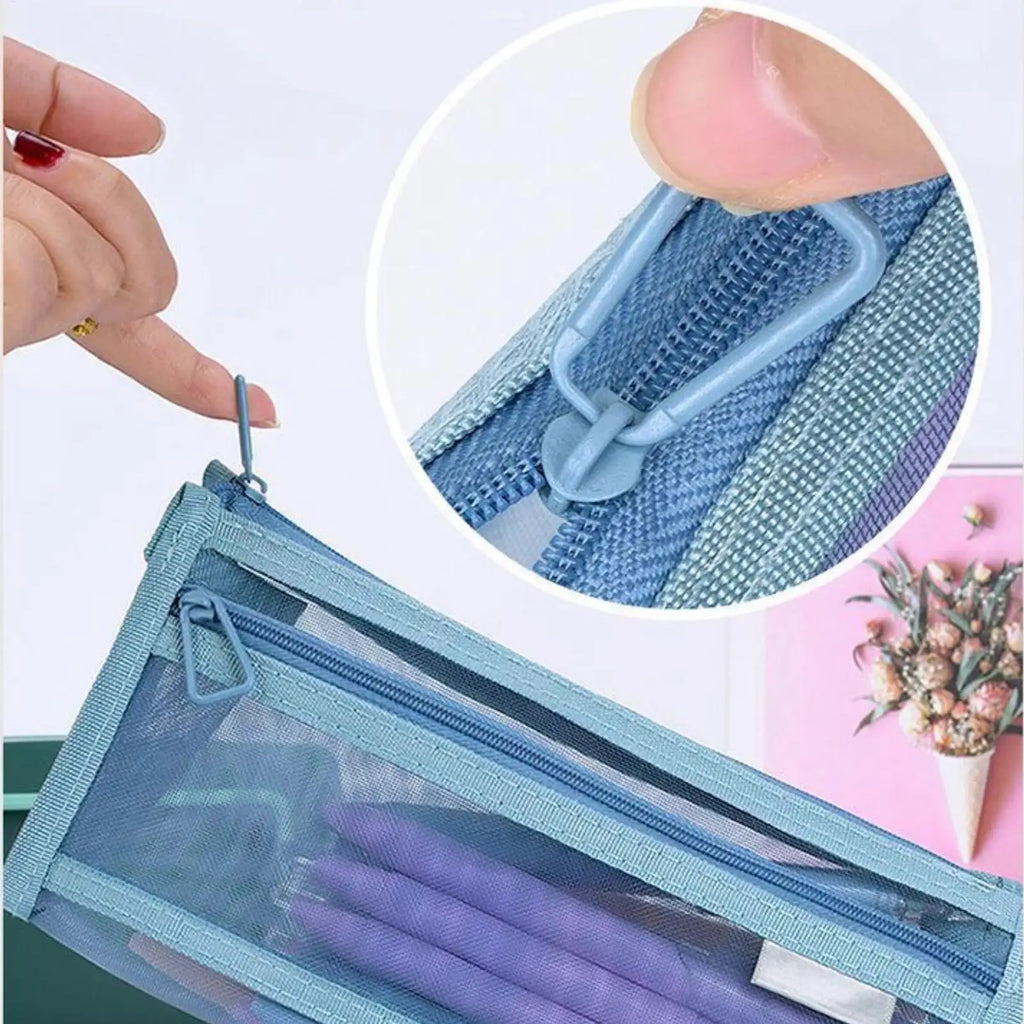 Clear Double-Layer Mesh Pencil Pouch with Zipper & Handle Mesh Pencil Pouch PLUSH