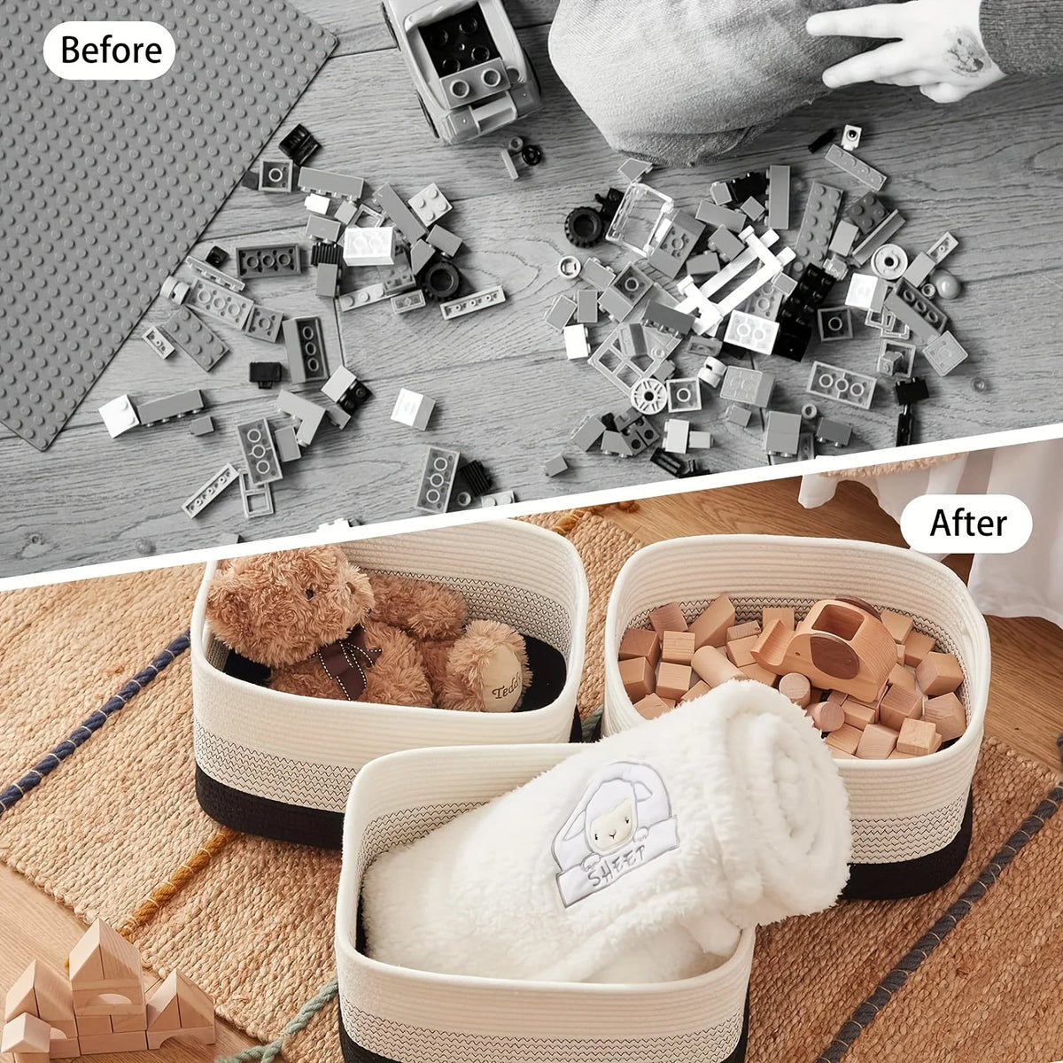 Woven Cotton Rope Storage Basket with Handles – Rectangular Woven Storage Basket PLUSH