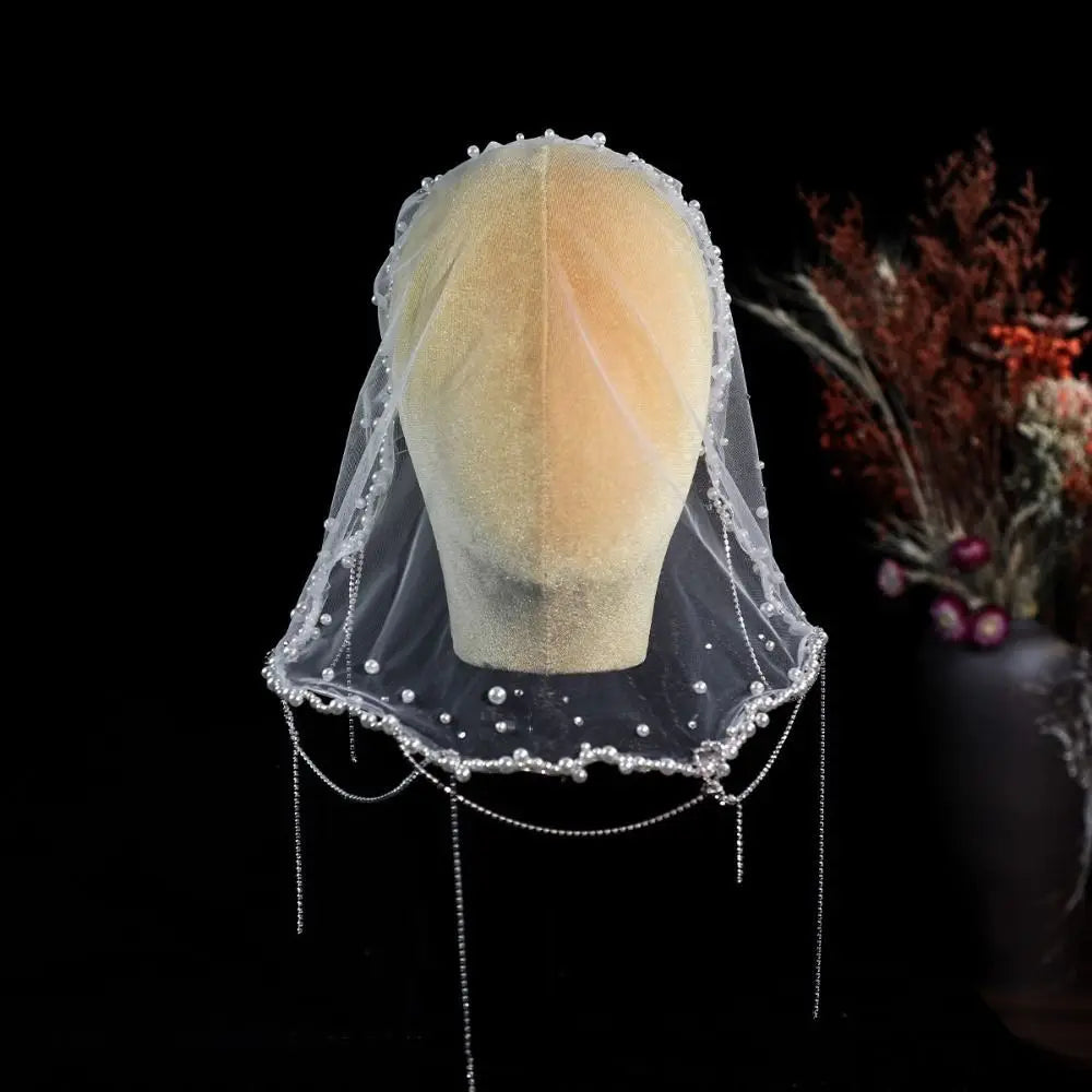 Vintage Pearl Bead Short Bridal Veil – White Tulle Wedding Headpiece Bridal Veil PLUSH