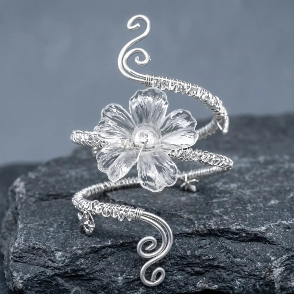 Hollow Iris Flower Arm Cuff Bangle – Adjustable Open Bracelet Arm Cuff Bangle PLUSH Silver