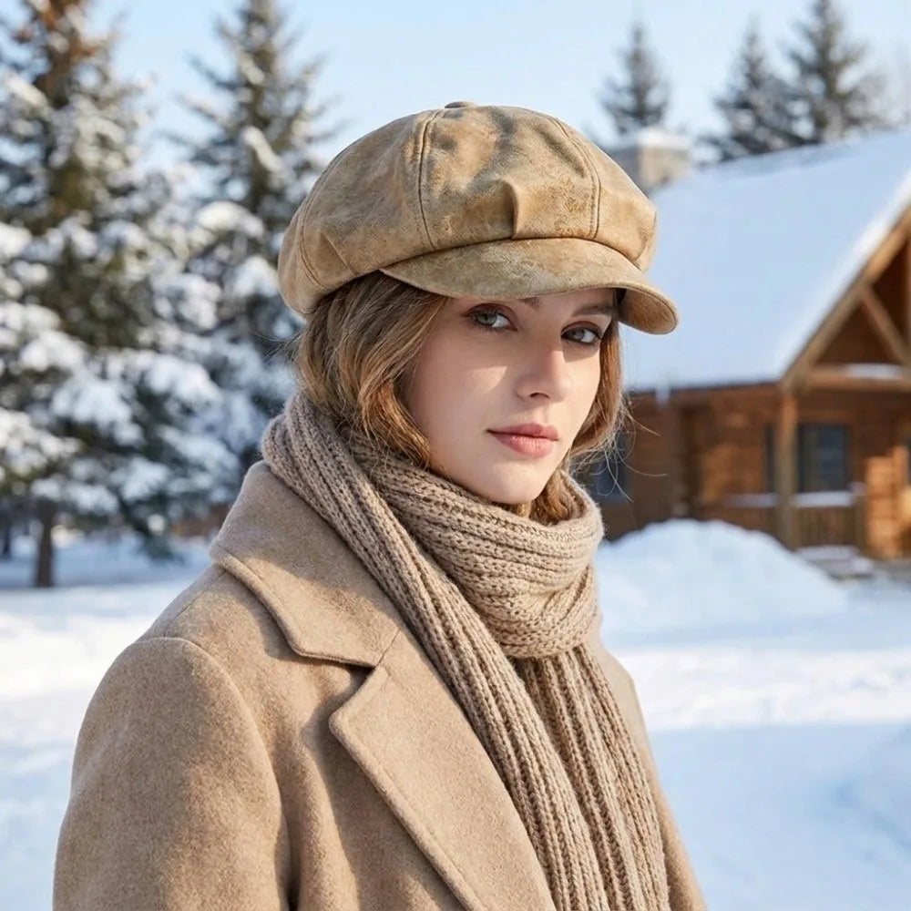 Women's PU Leather Beret Newsboy Cap – British Style Hat Women's Beret Cap PLUSH