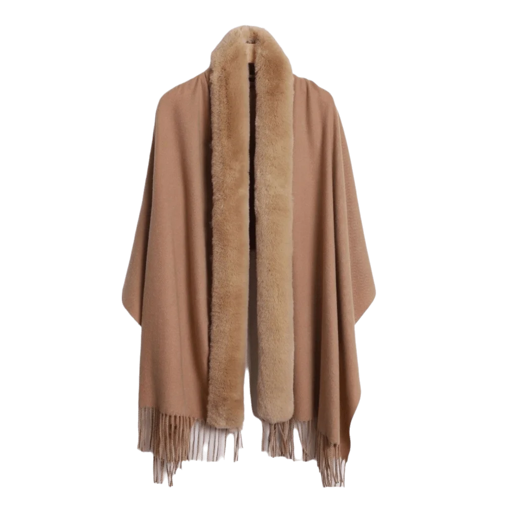 Women's Oversized Faux Fur Collar Shawl Wrap Cape Poncho Faux Fur Shawl Wrap PLUSH Camel