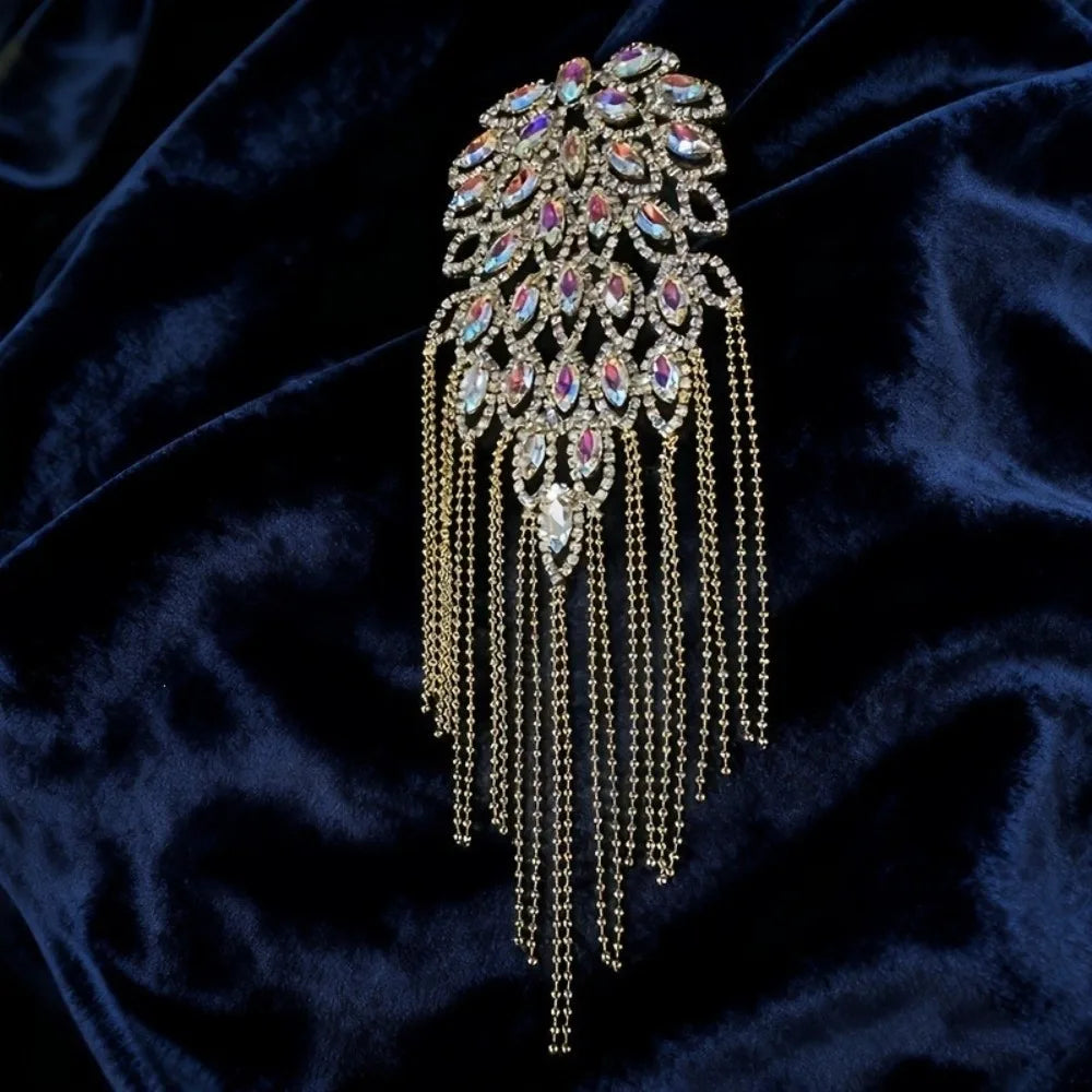 Vintage Peacock Tassel Epaulette Rhinestone Shoulder Brooch Shoulder Epaulette Brooch PLUSH Style B