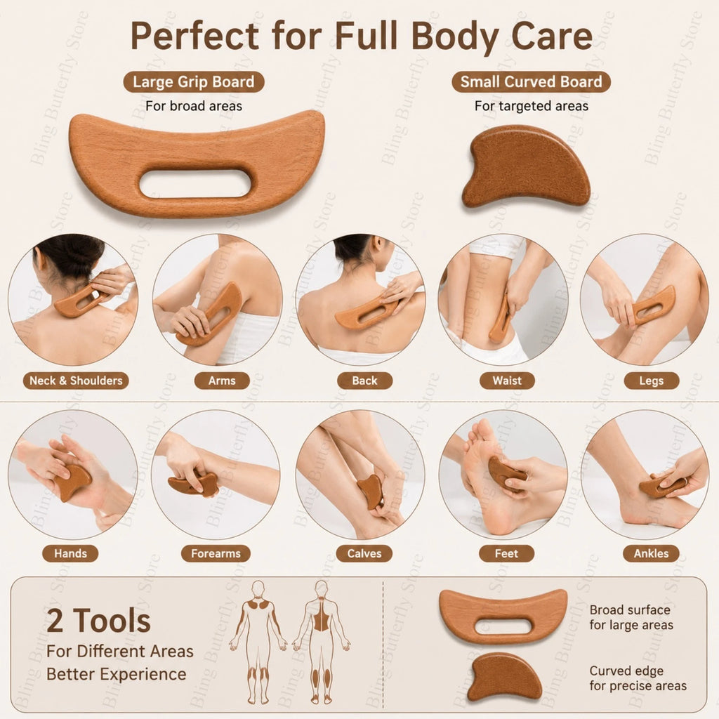 Wooden Gua Sha Body Massage Board Set – 2pcs Scraping Tool Body Massage Board PLUSH