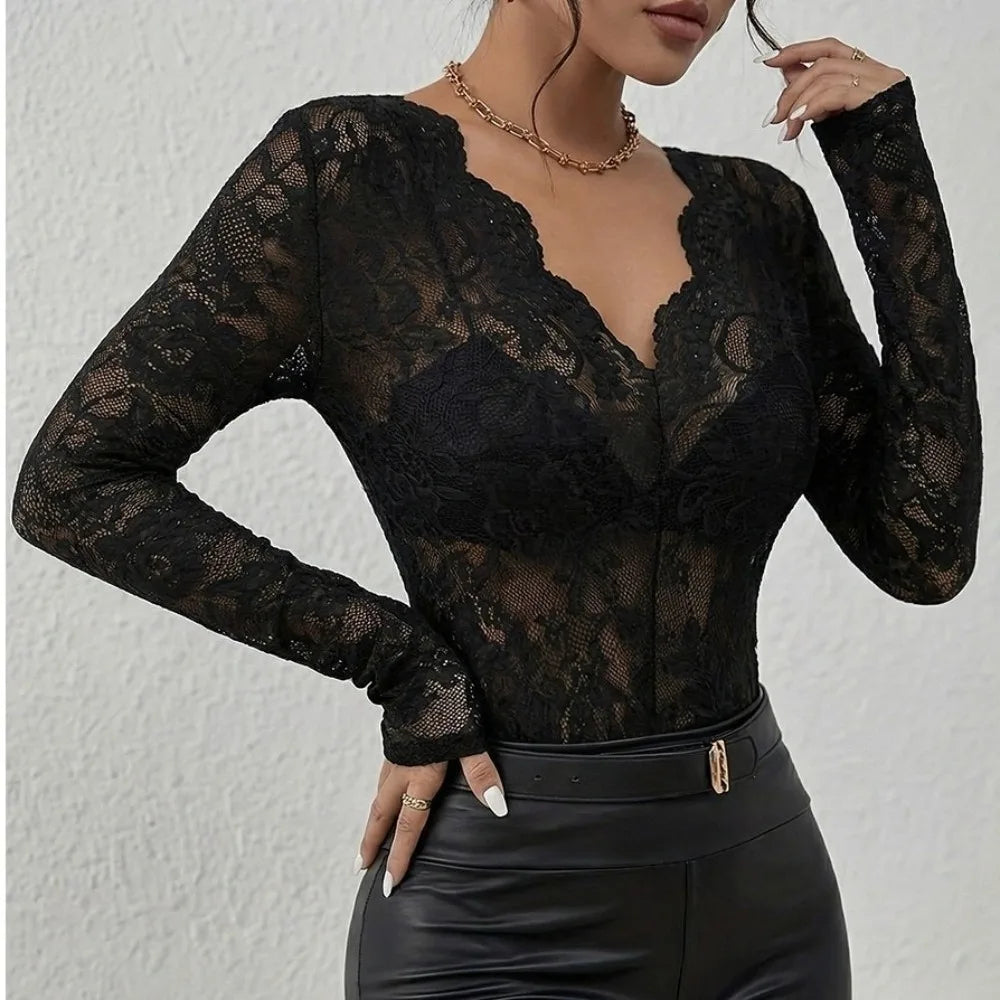 Women's V-Neck Sheer Lace Long Sleeve Slim Crop Top Blouse Lace Crop Blouse PLUSH Black XL