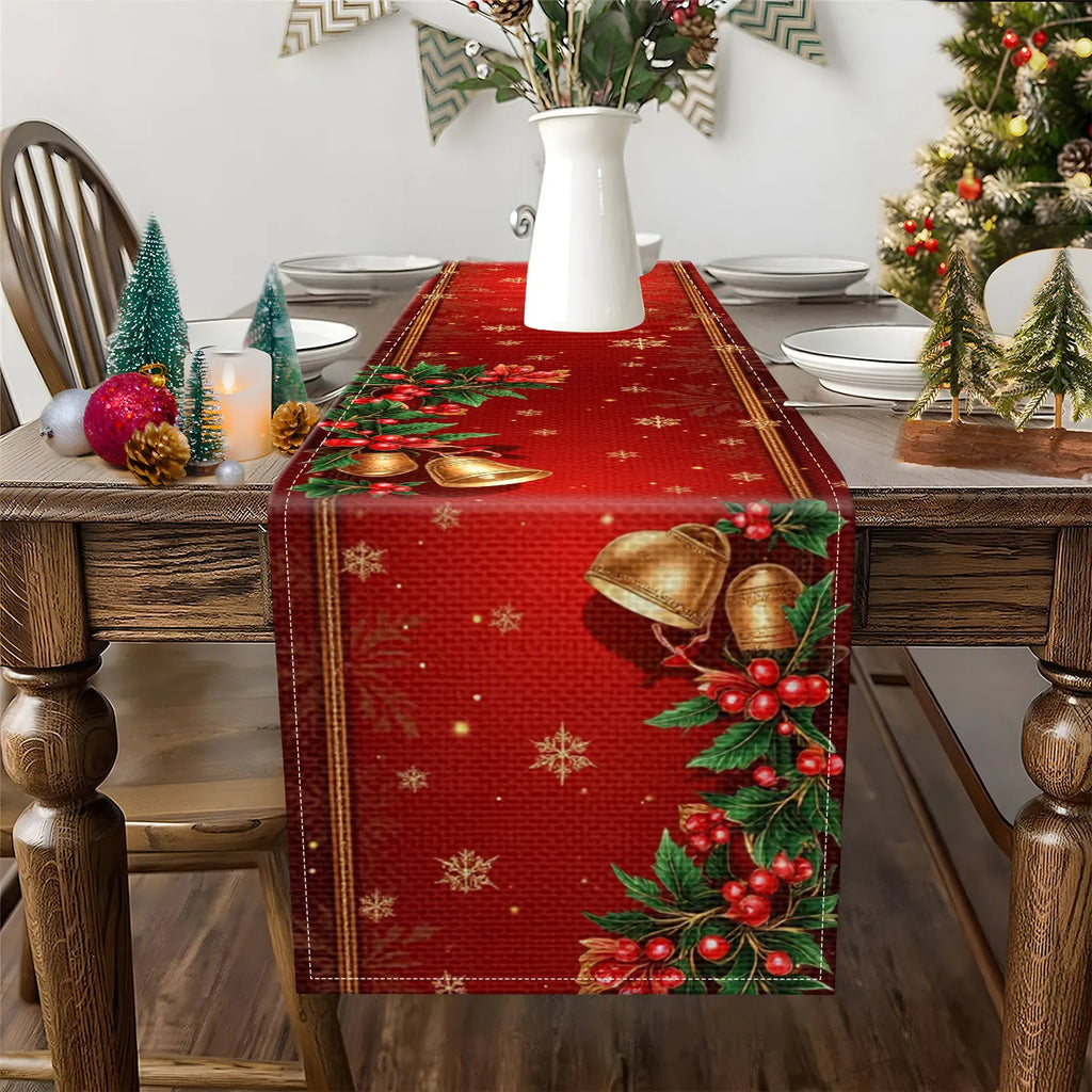 Red Christmas Table Runner – Snowflake, Bell & Berry Print Holiday Table Runner PLUSH