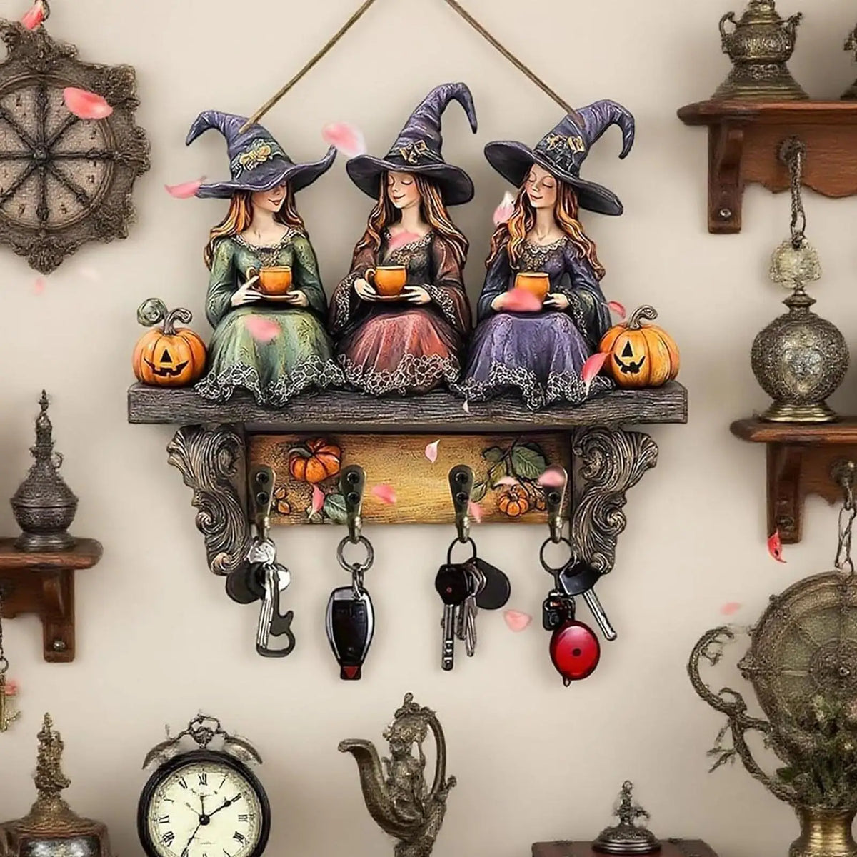 Witch Halloween Key Holder Wall Mount – 4-Hook Wood Decor Wall Key Holder PLUSH
