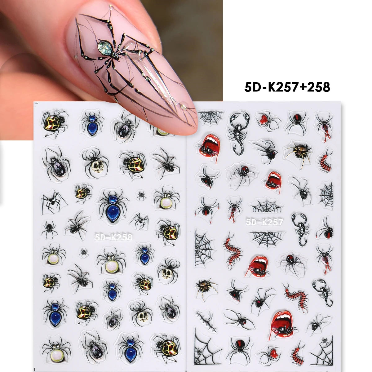 Halloween 5D Embossed Nail Stickers – Spider, Gem & Web Decals Nail Art Stickers PLUSH 5D-K257-258