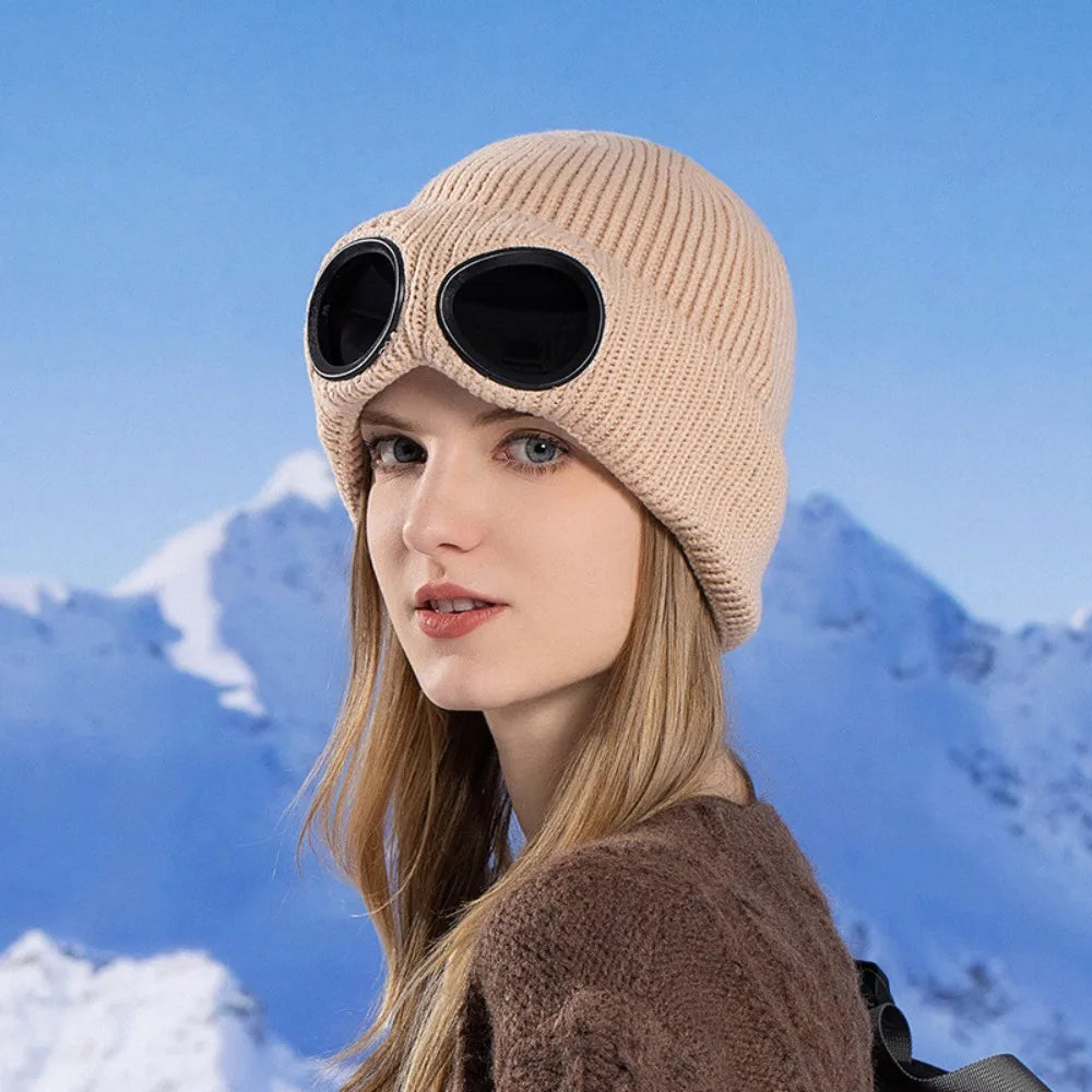 Windproof Knitted Ski Mask Hat with Removable Glasses Ski Mask Hat PLUSH Beige