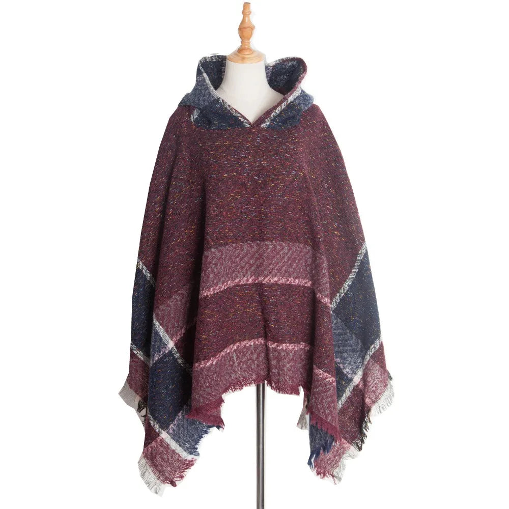 Women's Tassel Hooded Cape Plaid Knit Shoulder Wrap Cloak Hooded Cape Wrap PLUSH Dark Red