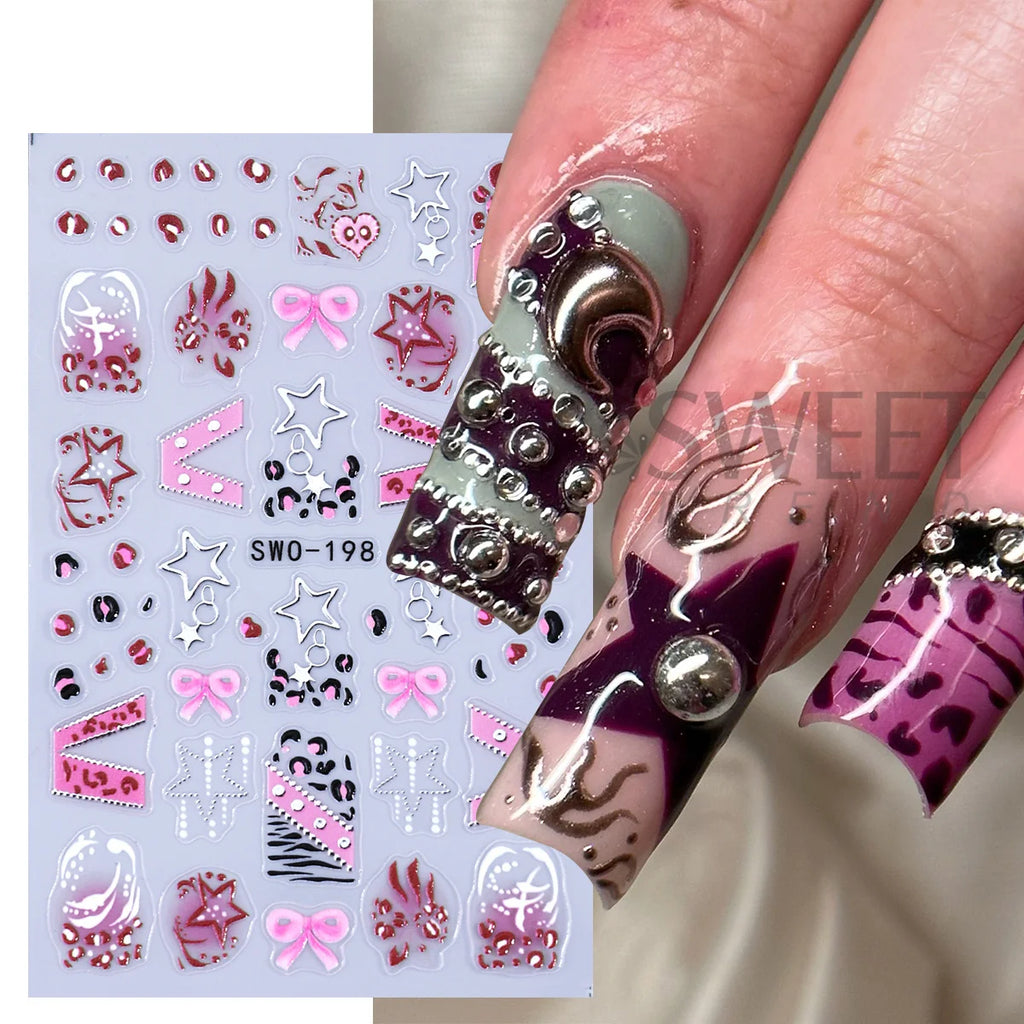 Y2K 3D Matte Nail Decals – Star Leopard Bow Belt Stickers 2pcs Nail Art Decals PLUSH