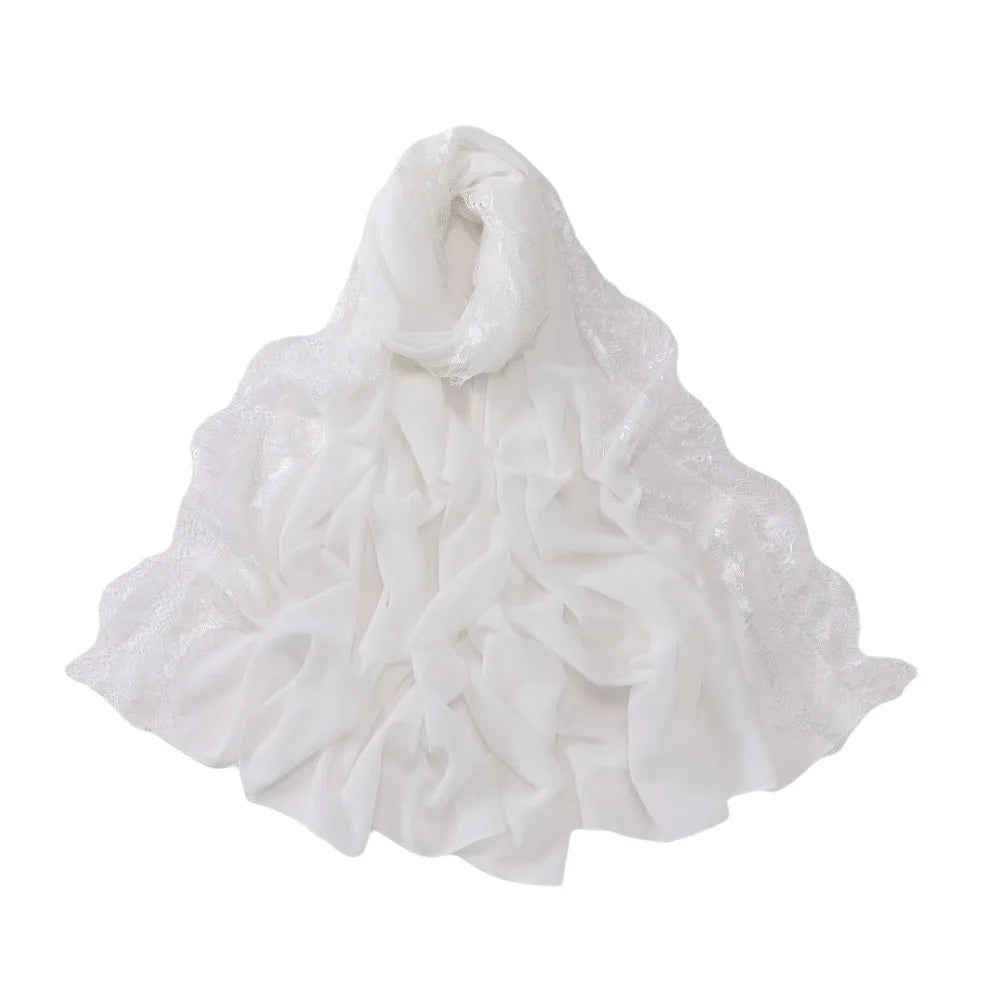 Women's Chiffon Hijab Scarf – Soft Lace Trim Long Shawl Wrap Hijab Head Scarf PLUSH White