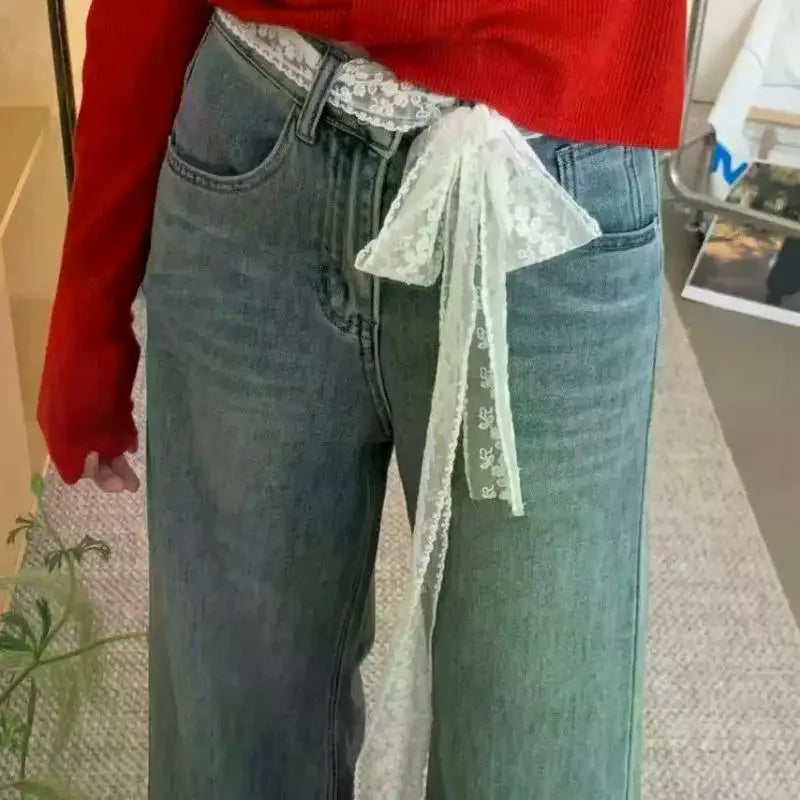 Y2K Floral Lace Waist Belt Bow Sash & Hair Scarf Lace Waist Belt PLUSH