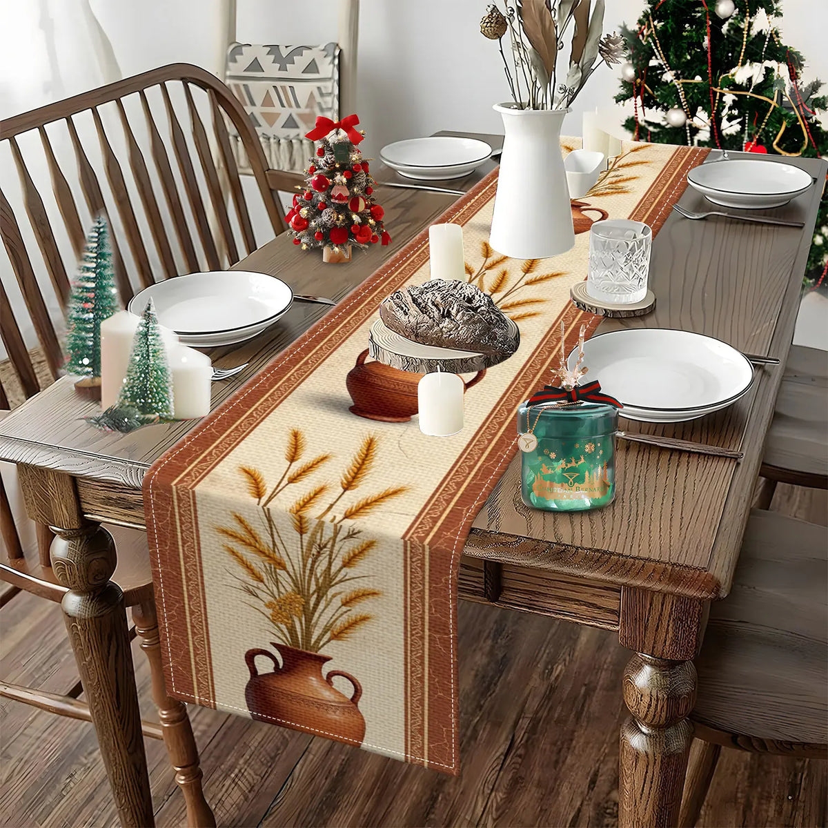 Vintage Wheat & Ceramic Pots Table Runner | Autumn Home Décor Table Runner PLUSH
