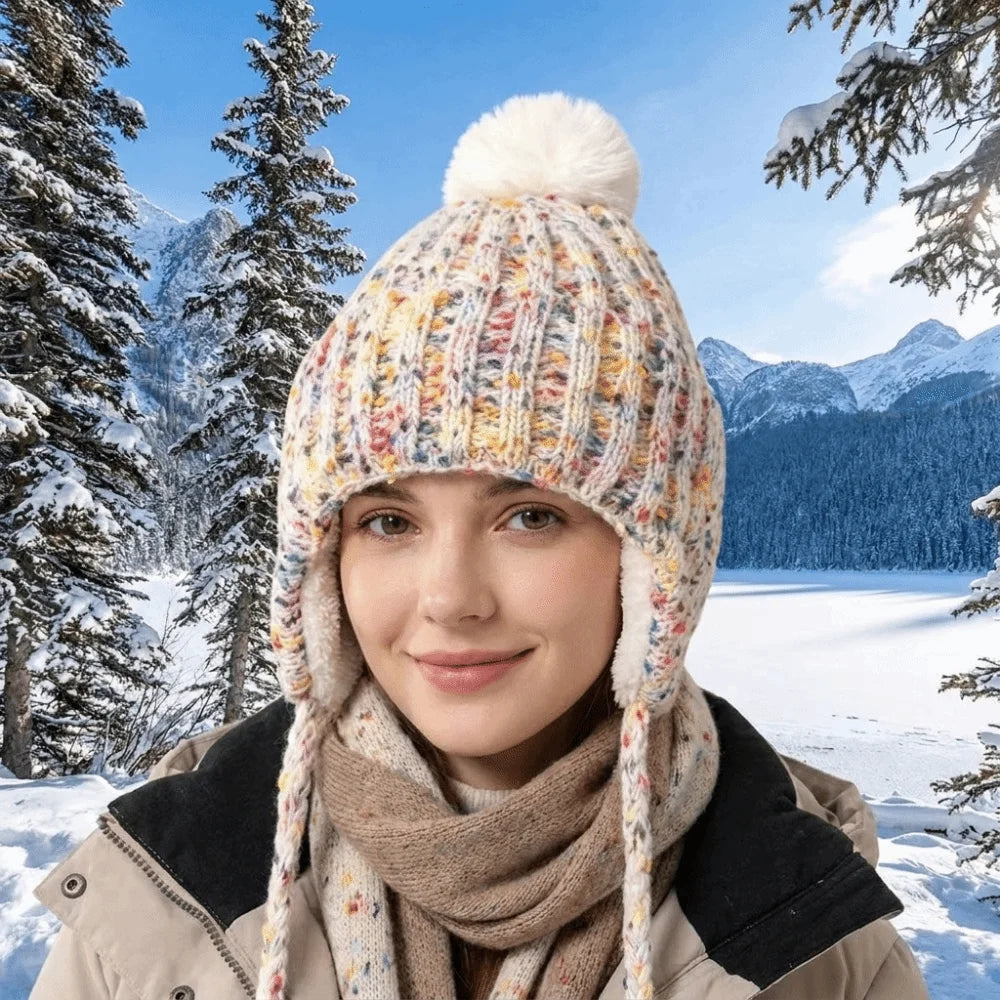 Vintage Knitted Beanie Hat | Windproof Ear Flap Women's Cap Knitted Beanie Hat PLUSH