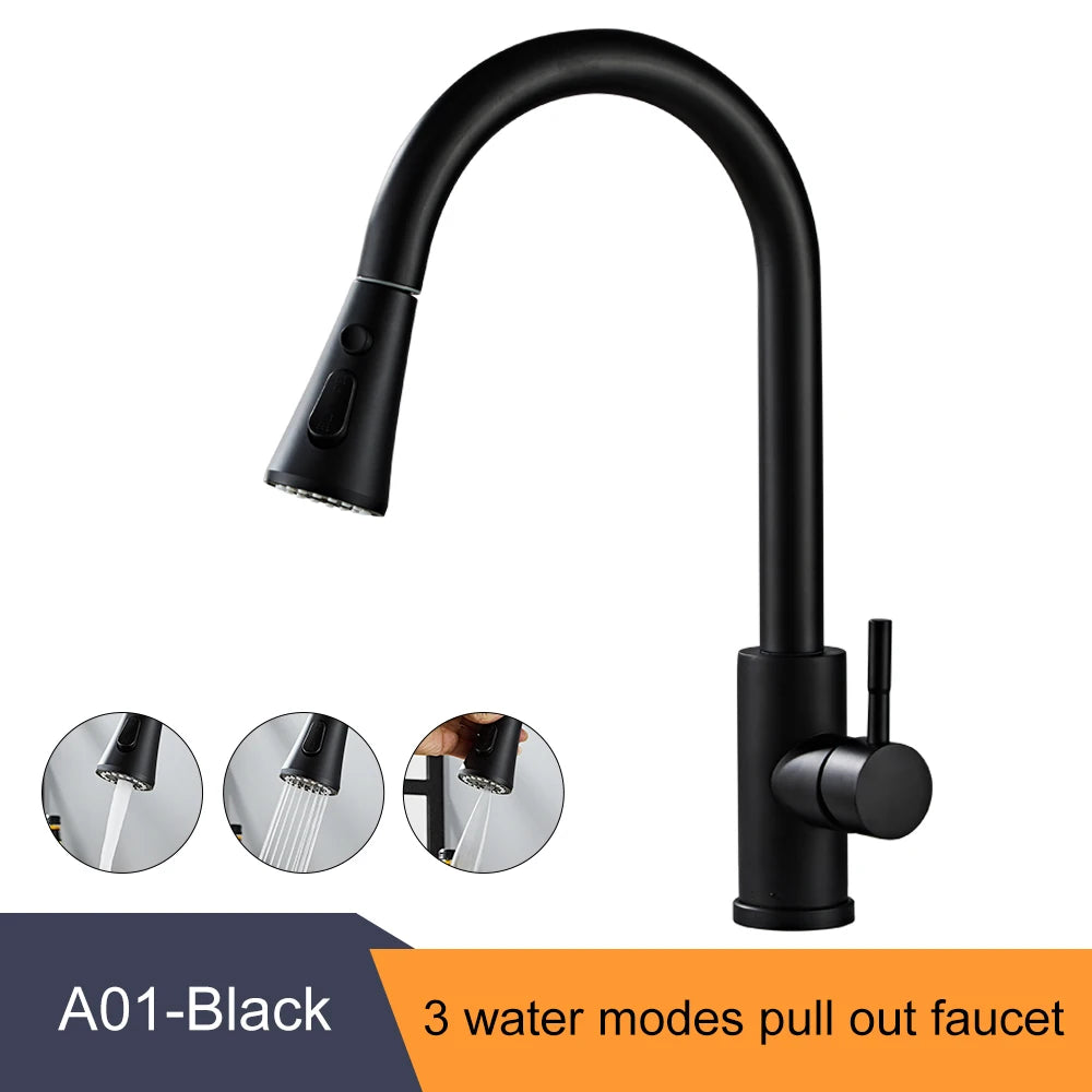 Pull Out Kitchen Faucet Single Handle Hot Cold Mixer Tap Kitchen Faucet PLUSH A01-Black G1/2