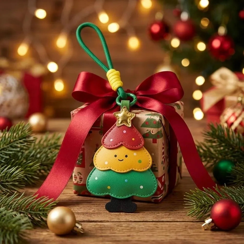 Cute Christmas PU Leather Keychain – Tree & Reindeer Charm Holiday Bag Charm PLUSH