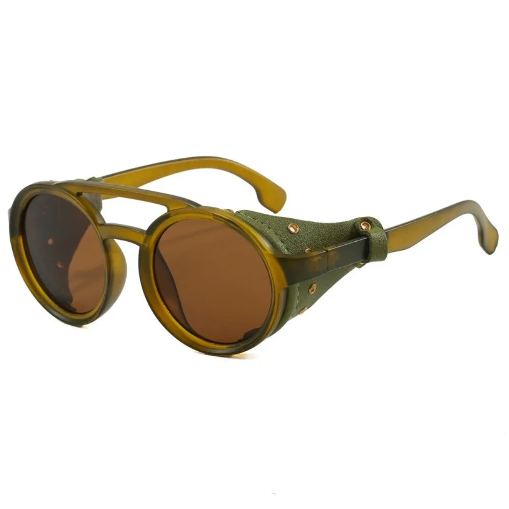Retro Round Steampunk Sunglasses | Leather Side Shields Steampunk Sunglasses PLUSH Style H