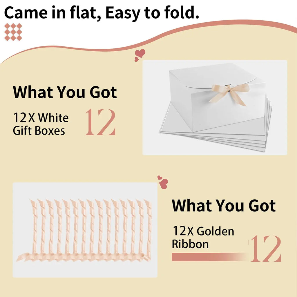 10-Pack White Gift Boxes with Lids & Gold Ribbon | 8x8x4" Gift Boxes Set PLUSH