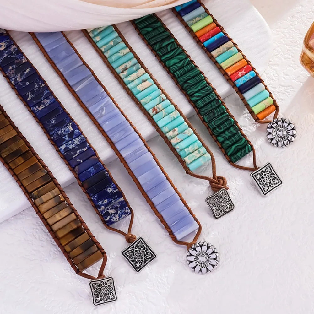 Rainbow Stone Beaded Bracelet – Boho Woven Adjustable Bangle Charm Bracelet PLUSH