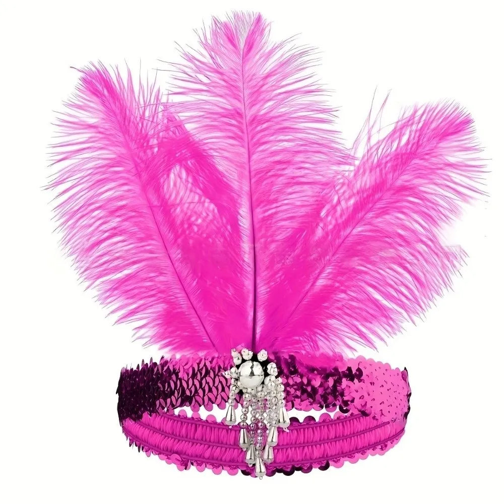 Vintage 1920s Feather Headband – Sequin Rhinestone Headpiece Feather Headband PLUSH Rose Red