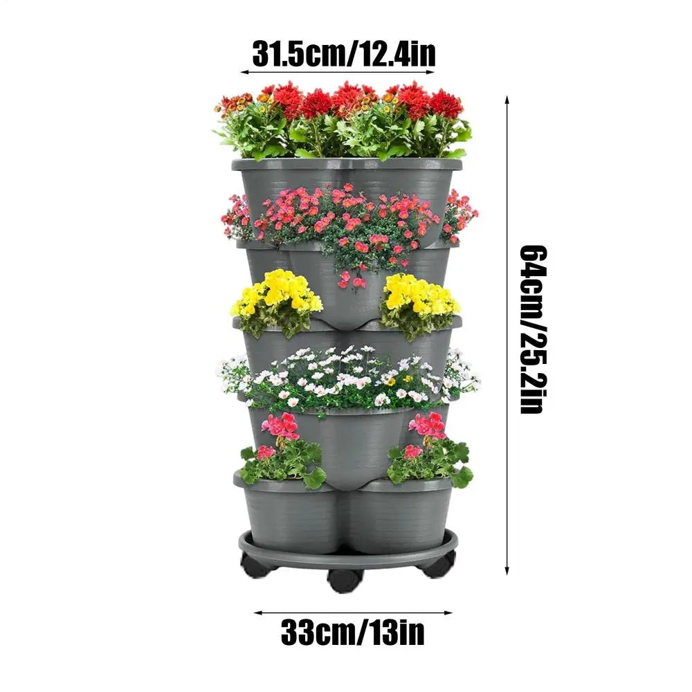 5-Tier Stackable Planter Tower with Wheels – 5pcs Gray Stackable Planter Tower PLUSH Gray 5Pcs