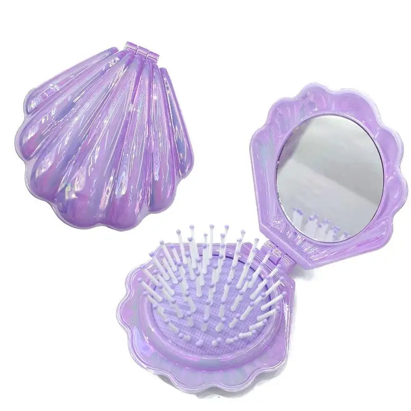 Shell Folding Airbag Hair Brush with Mirror – Anti-Static Comb Folding Hair Brush PLUSH Purple