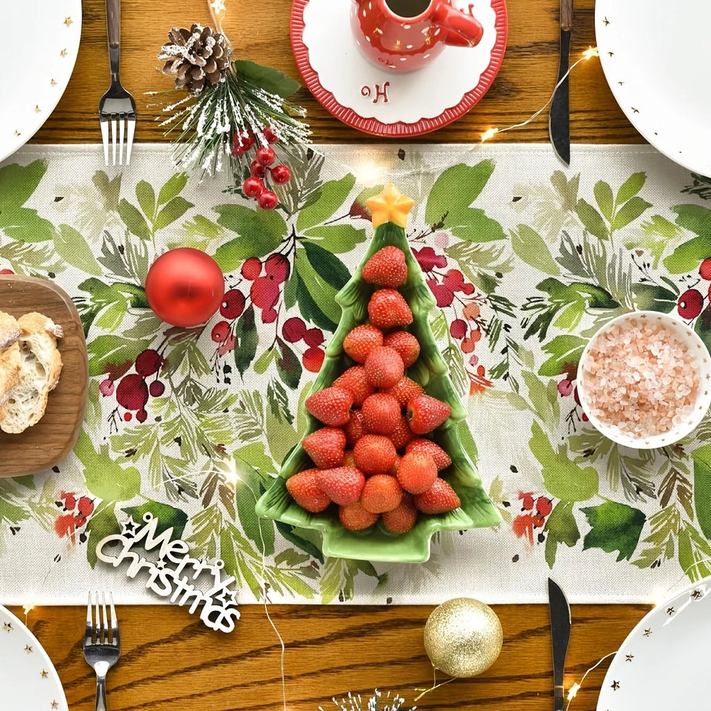 Christmas Table Runner Watercolor Berry Leaf Red Green Print Christmas Table Runner PLUSH