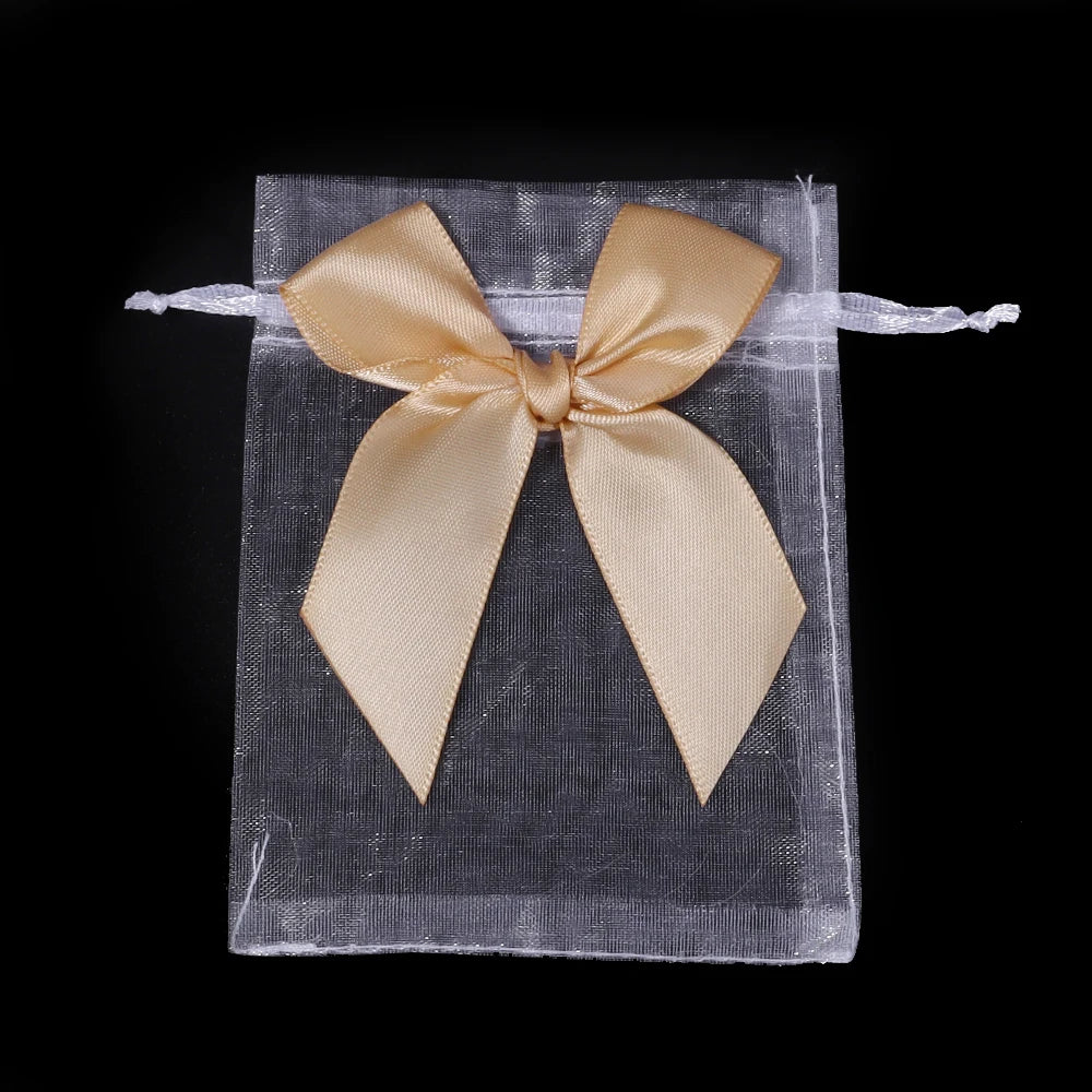5pcs Bow Organza Drawstring Gift Bags – Wedding & Party Organza Gift Bags PLUSH white gold 9x12cm