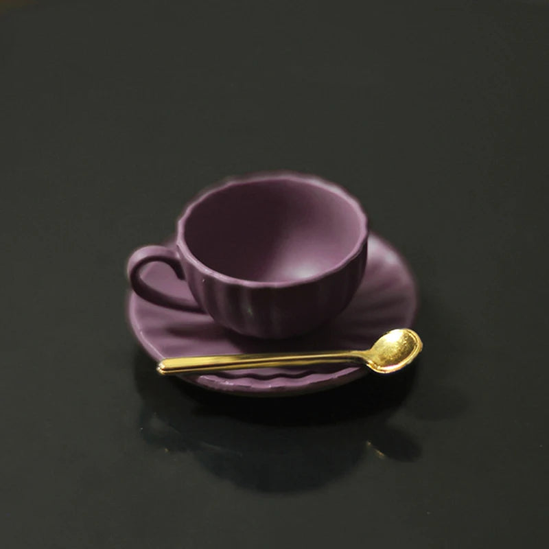 1:12 Dollhouse Mini Coffee Cup Saucer & Spoon Set – 3pcs Dollhouse Miniature Set PLUSH Purple