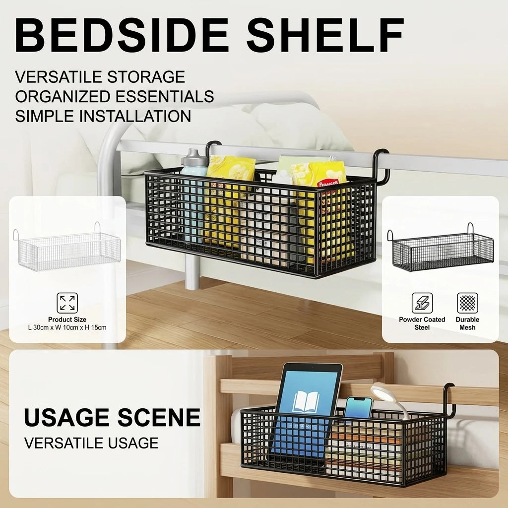 No-Drill Bedside Hanging Rack – Dorm Bunk Bed Organizer Bedside Storage Rack PLUSH