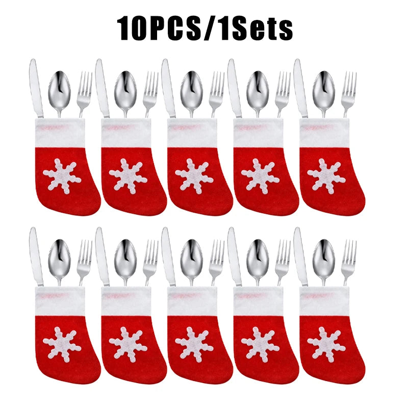 Mini Christmas Stockings Cutlery Bags & Candy Pouches Christmas Table Décor PLUSH 1Set 10PCS 1Set