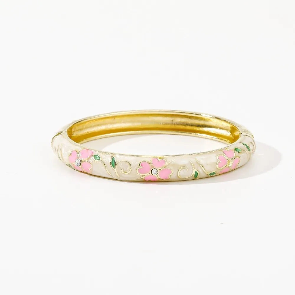 Enamel Cloisonné Cherry Blossom Bangle | Women's Vintage Bracelet Enamel Bangle Bracelet PLUSH White Dark Pink