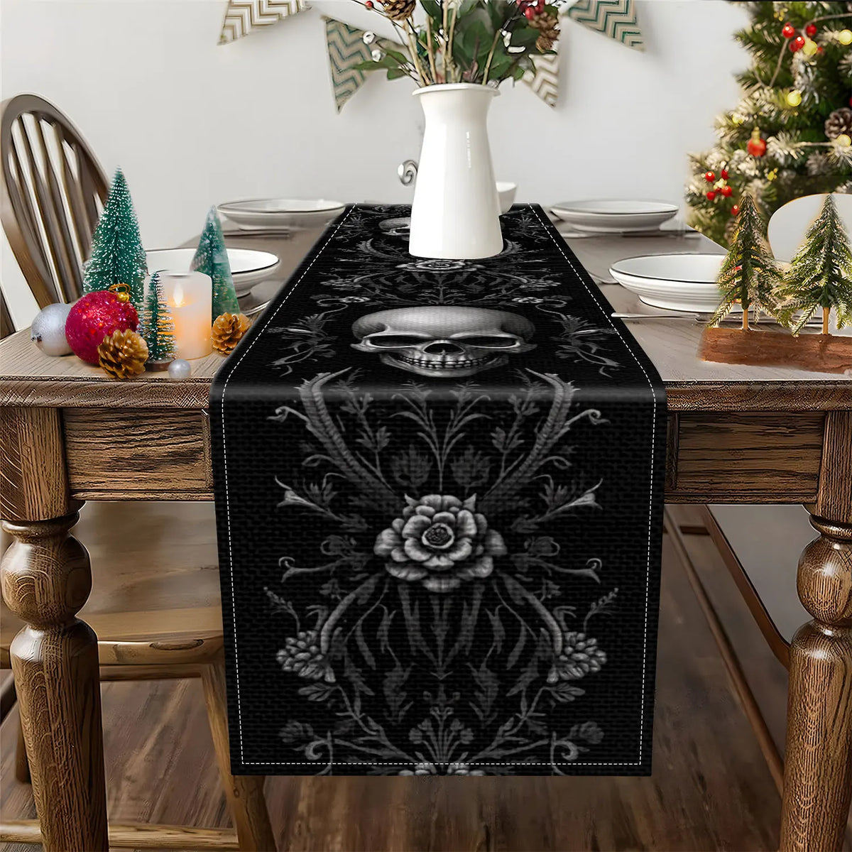 Halloween Skull Floral Table Runner – 100% Polyester Halloween Table Runner PLUSH