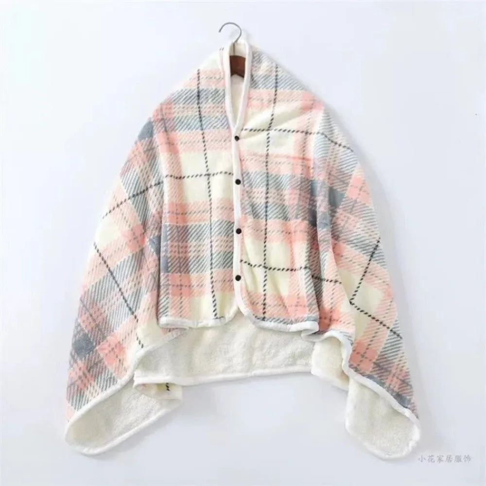 Flannel Wearable Blanket Shawl | Plaid Throw Button Closure Wearable Shawl Blanket PLUSH