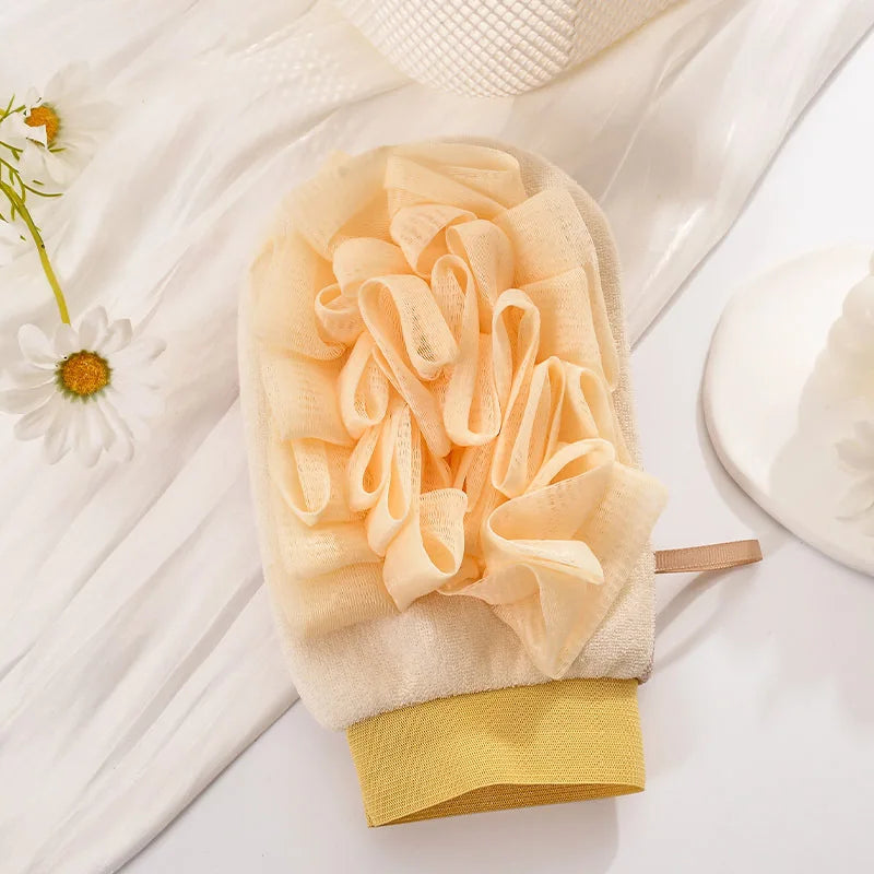 Double-Sided Exfoliating Gloves & Bath Scrubber Sponge Exfoliating Bath Glove PLUSH YELLOW