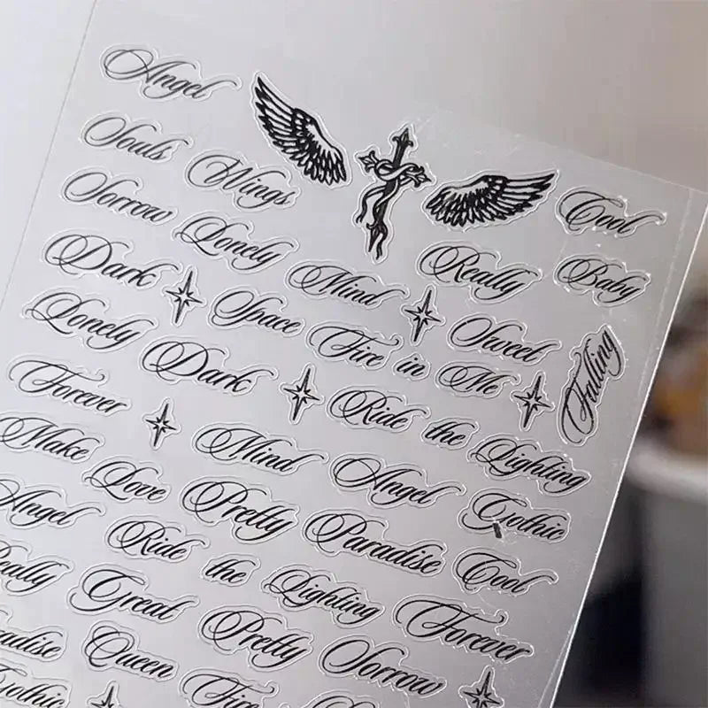 3D Angel Wings Nail Stickers – Black & White Letter Decals Nail Art Stickers PLUSH