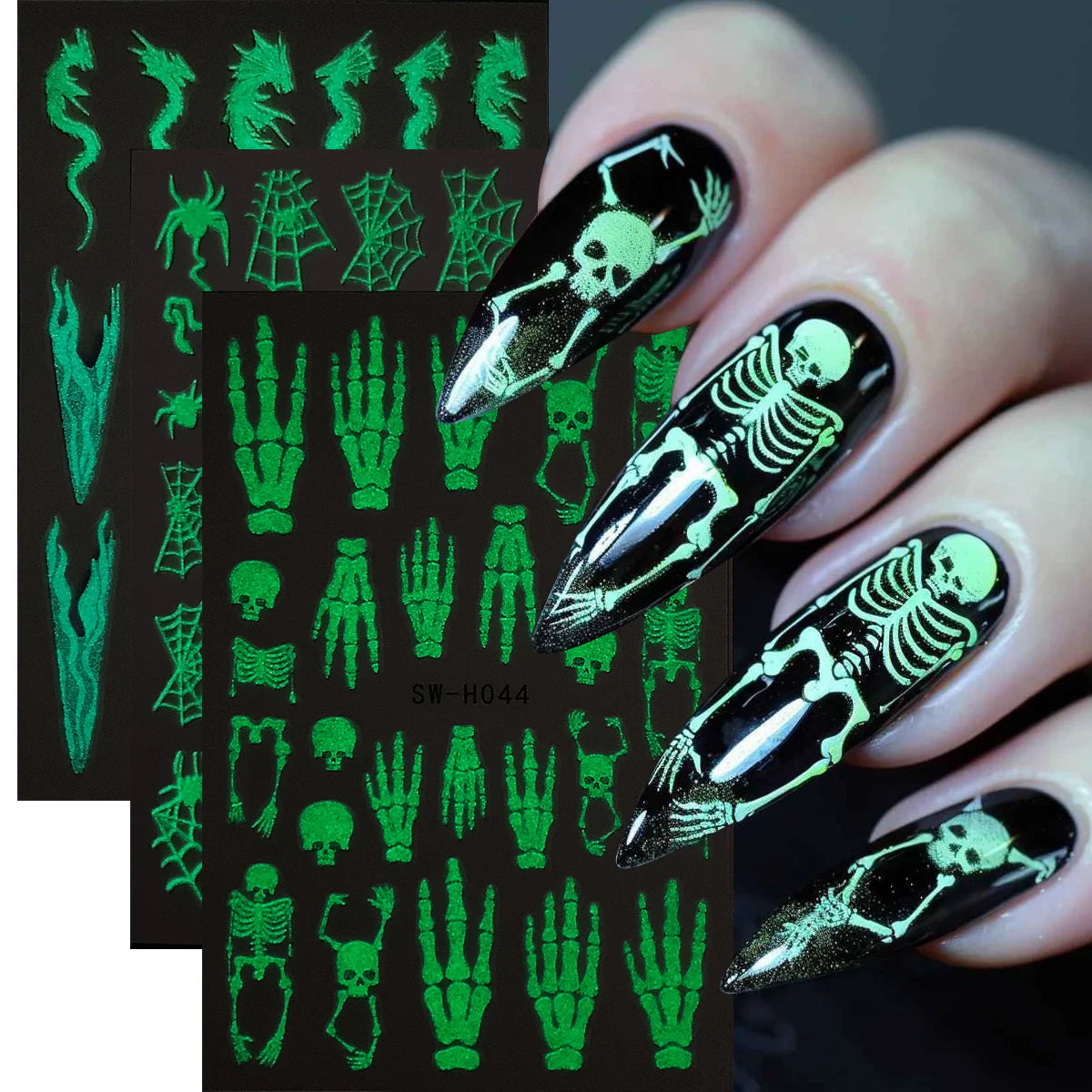 Glow in the Dark Halloween Nail Stickers – Skull & Spider 3-Pack Nail Art Stickers PLUSH