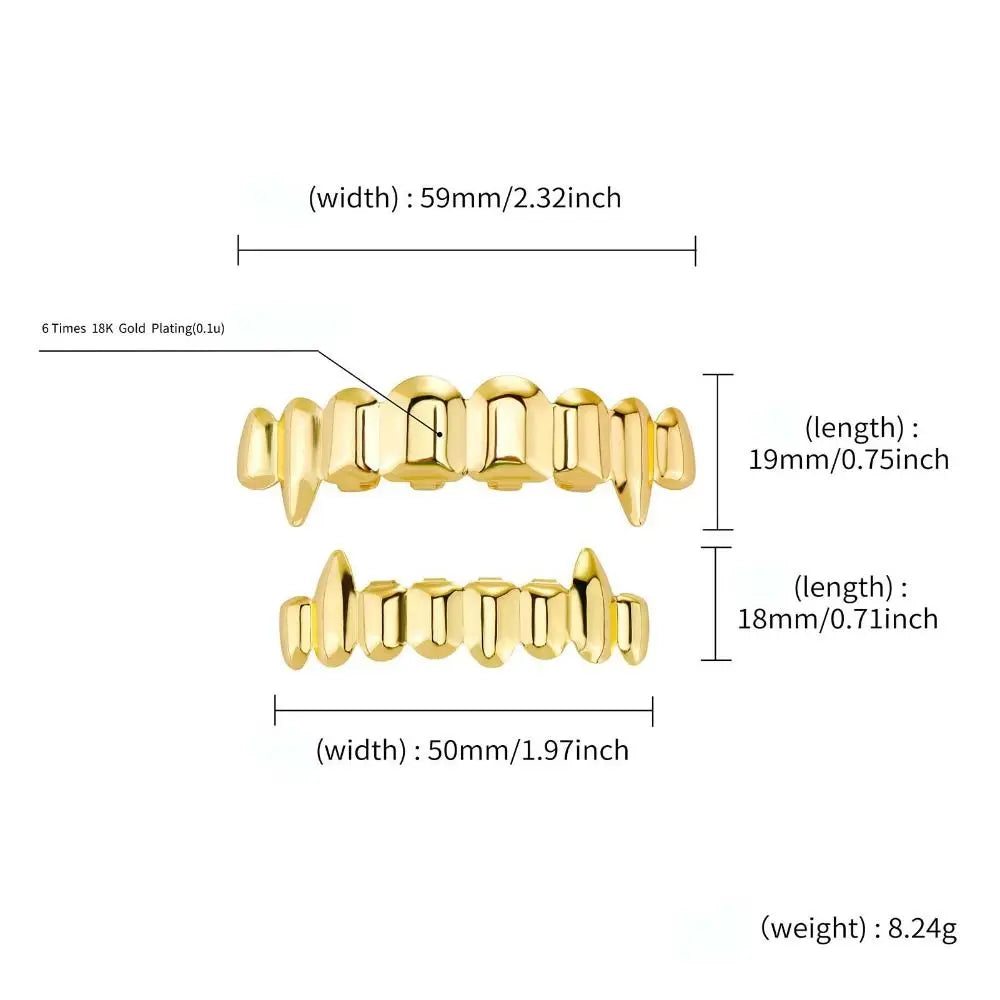 Hip Hop Teeth Grillz Top & Bottom Set – 18K Gold Fangs Costume Teeth Grillz PLUSH