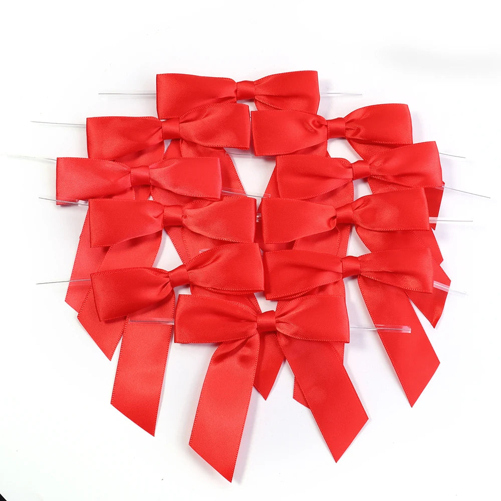 10pcs Satin Twist Tie Bows – Multicolor Gift & Candy Bag Ribbon Satin Ribbon Bows PLUSH red 9x9cm