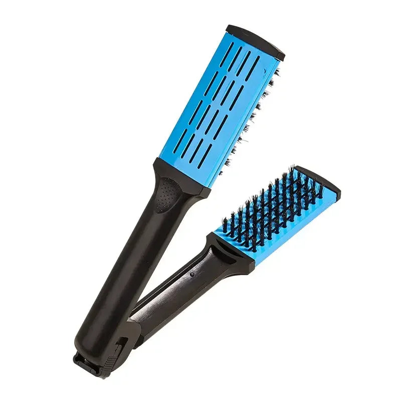 V-Shape Splint Hair Straightener Comb – Double Sided Brush Hair Styling Comb PLUSH Blue-2pcs