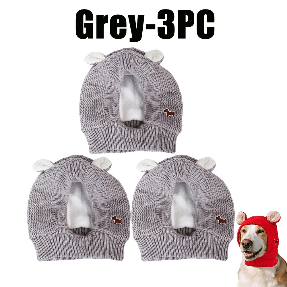 Dog Ear Muffs Knitted Hat – Pet Winter Neck & Ear Warmer Pet Winter Hat PLUSH Grey-3PC