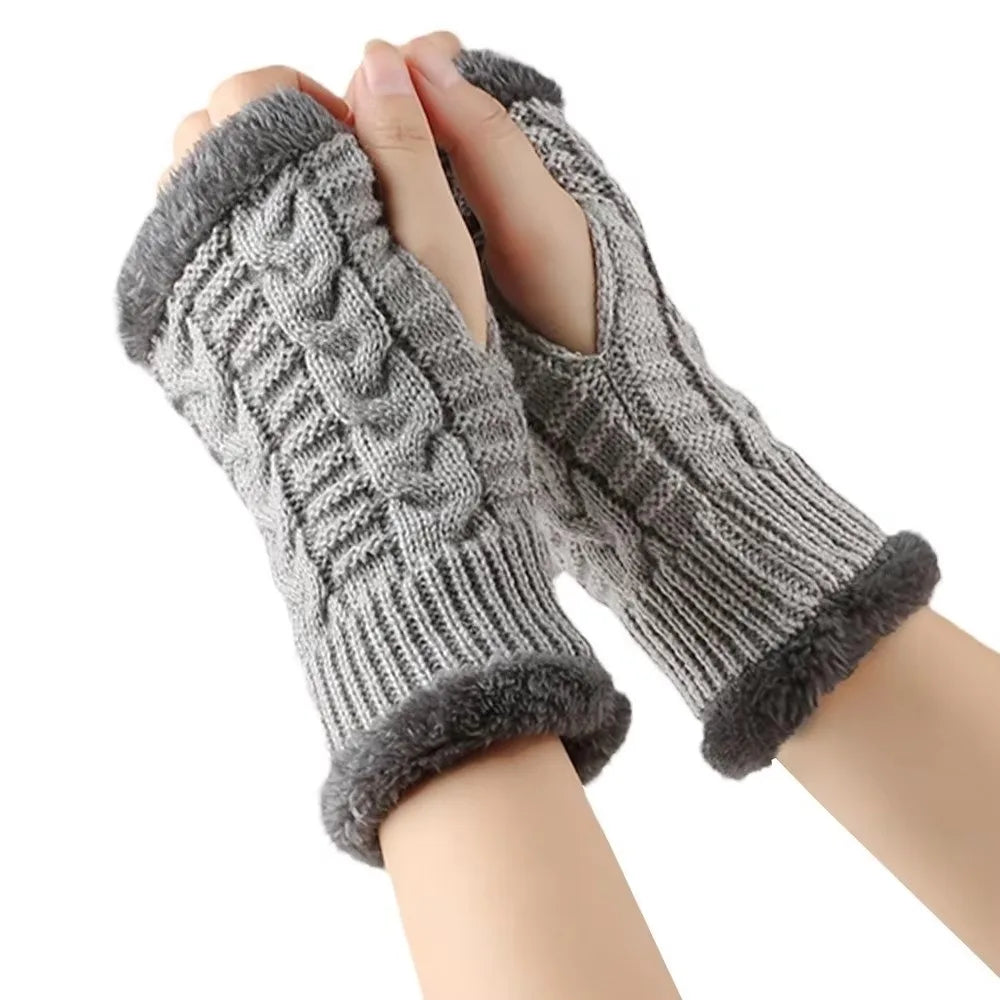 Vintage Knit Fingerless Gloves Faux Fur – Women's Winter Gloves Fingerless Knit Gloves PLUSH Light Grey
