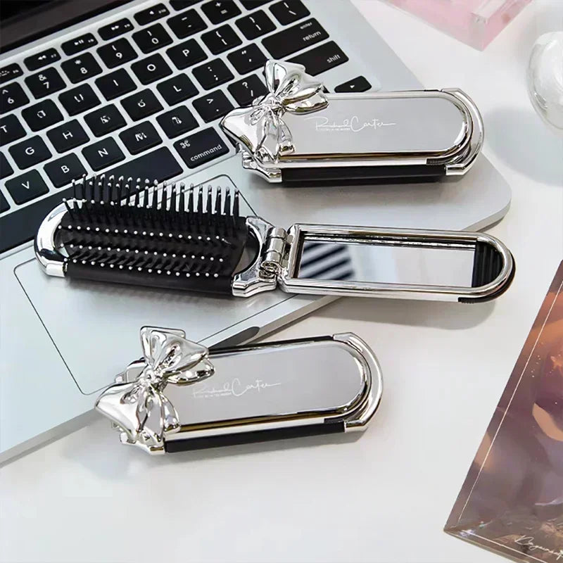 Bow Mini Folding Hair Brush with Mirror – Portable Travel Comb Folding Hair Brush PLUSH