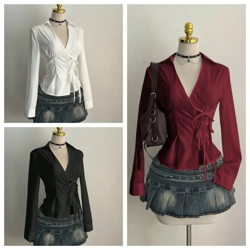 Women's Y2K V-Neck Tie-Waist Chiffon Blouse | Slim Fit Top Chiffon Blouse PLUSH